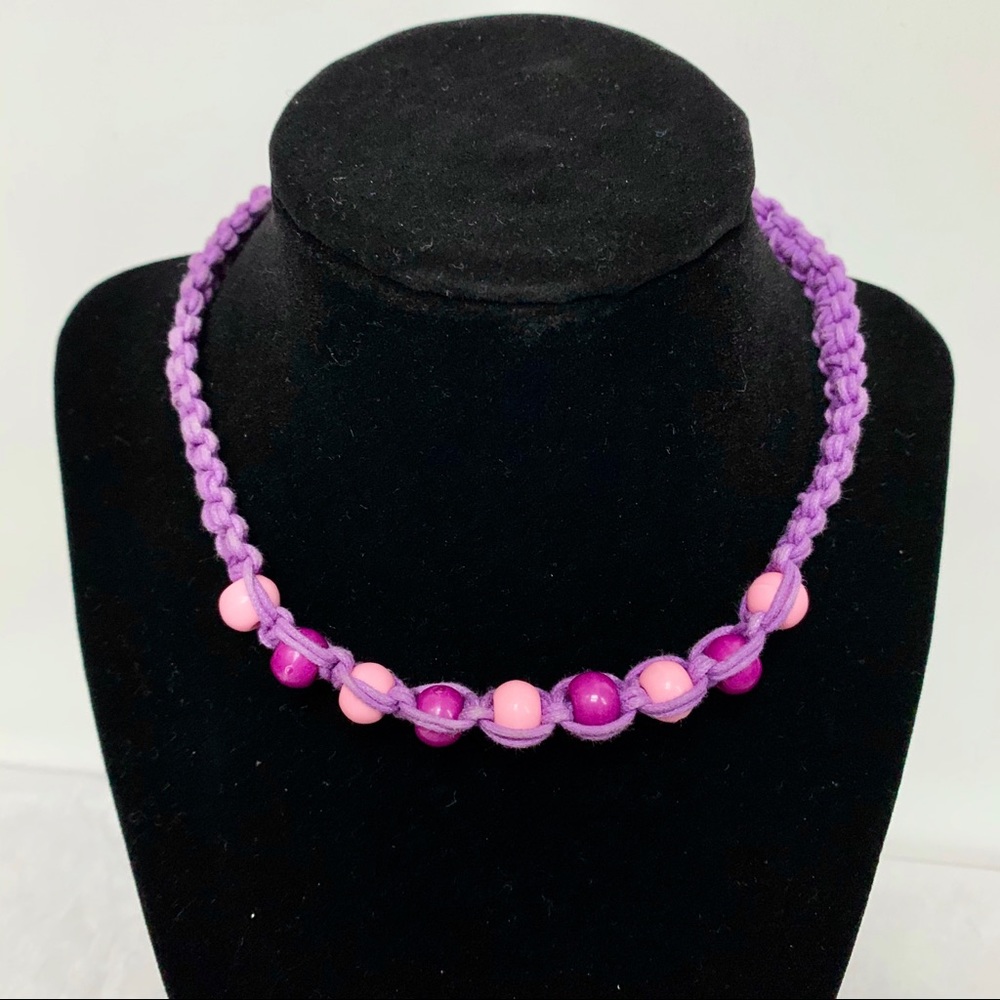 Purple pink beaded choker necklace Y2K braided rope boho festival surfer beach